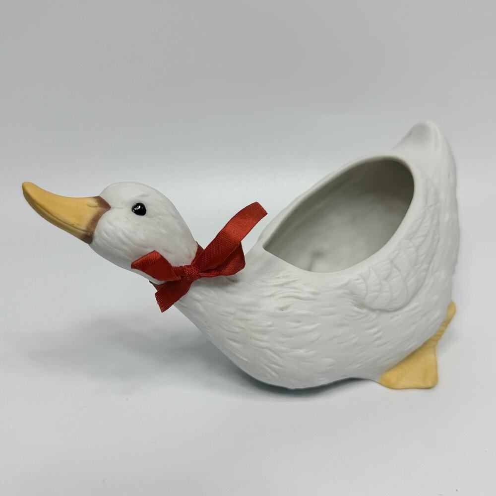 Vintage 1990s Bisque Porcelain Country Goose Planter Cottagcore Red Bow 8"